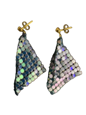 Vintage 80s Iridescent Mesh Triangle Dangle Earrings Liquid Metal Retro Disco